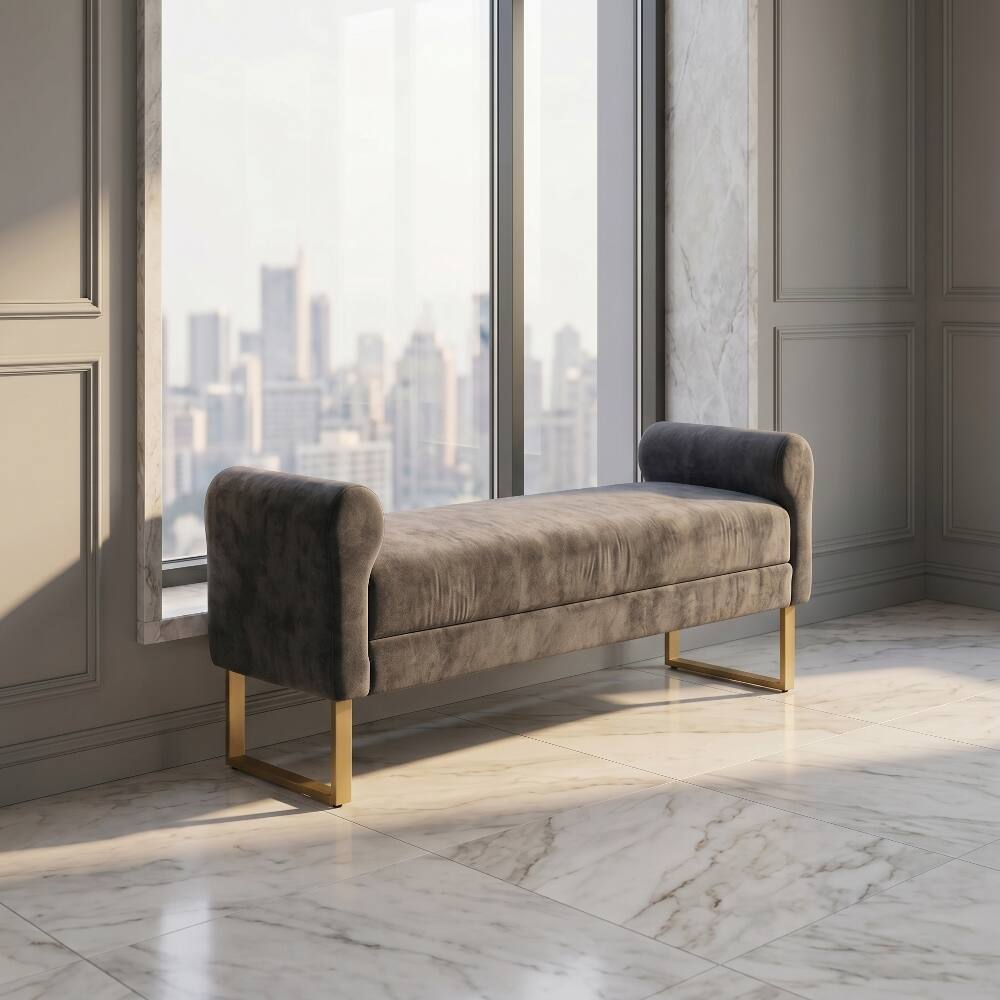 Alt View 2. Ropilly - 65" Dark Grey Chenille End of Bed Bench with Gold Legs, Modern Upholstered Ottoman Bench - Dark Grey.