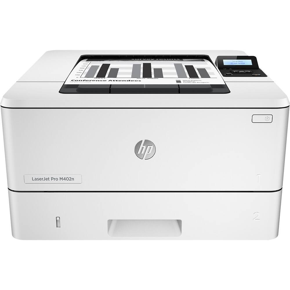 Front. HP - Refurbished LaserJet Pro M402n Black-and-White All-In-One Printer - White.