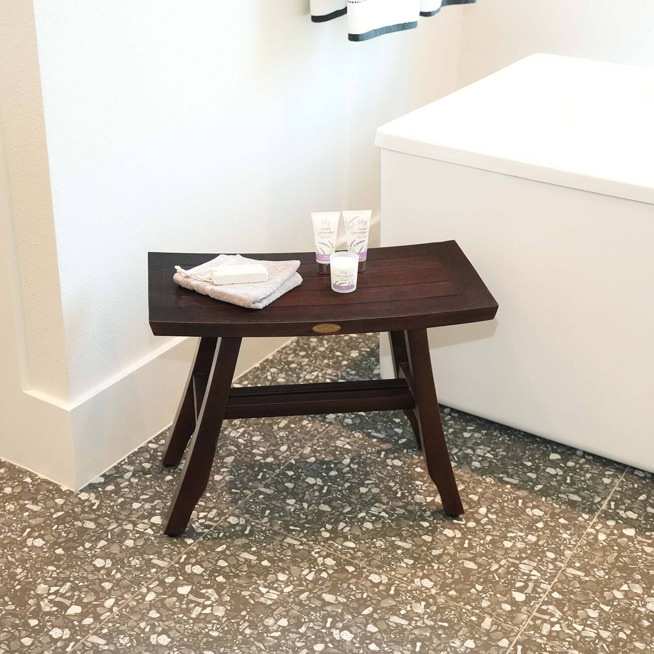 Left. DecoTeak - DecoTeak Satori 28" Teak Wood Shower Bench in Woodland Brown Finish - Woodland Brown.