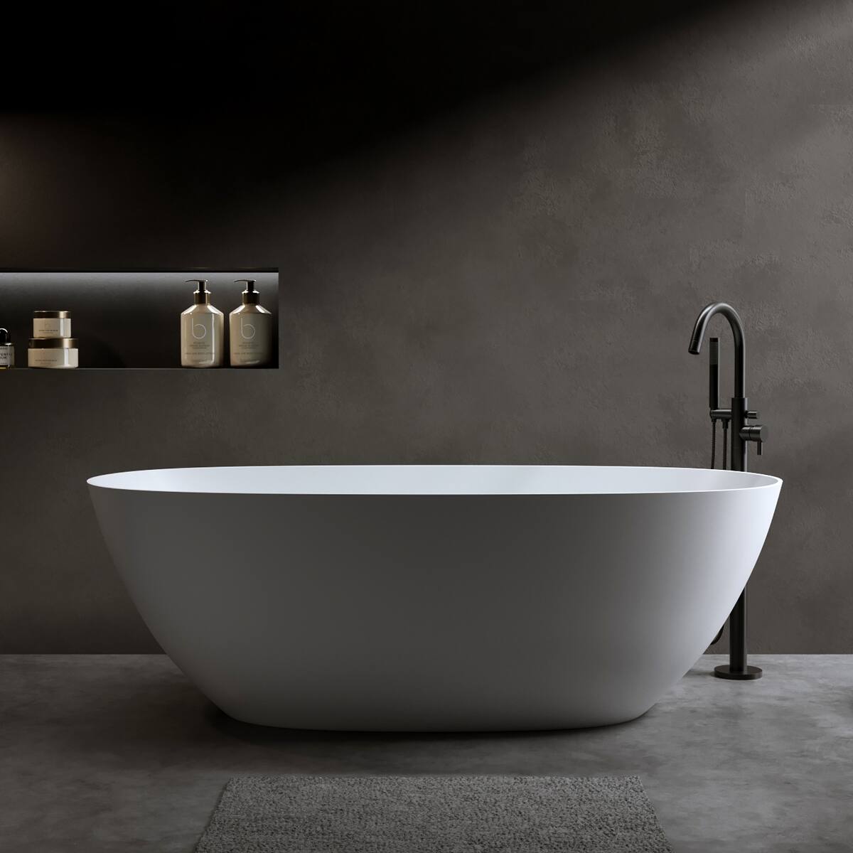 Front. Loheer - Loheer 69 in Freestanding Solid Surface Soaking Bathtub, Matte White Stone Resin Tub with Overflow Drain - Matte White.