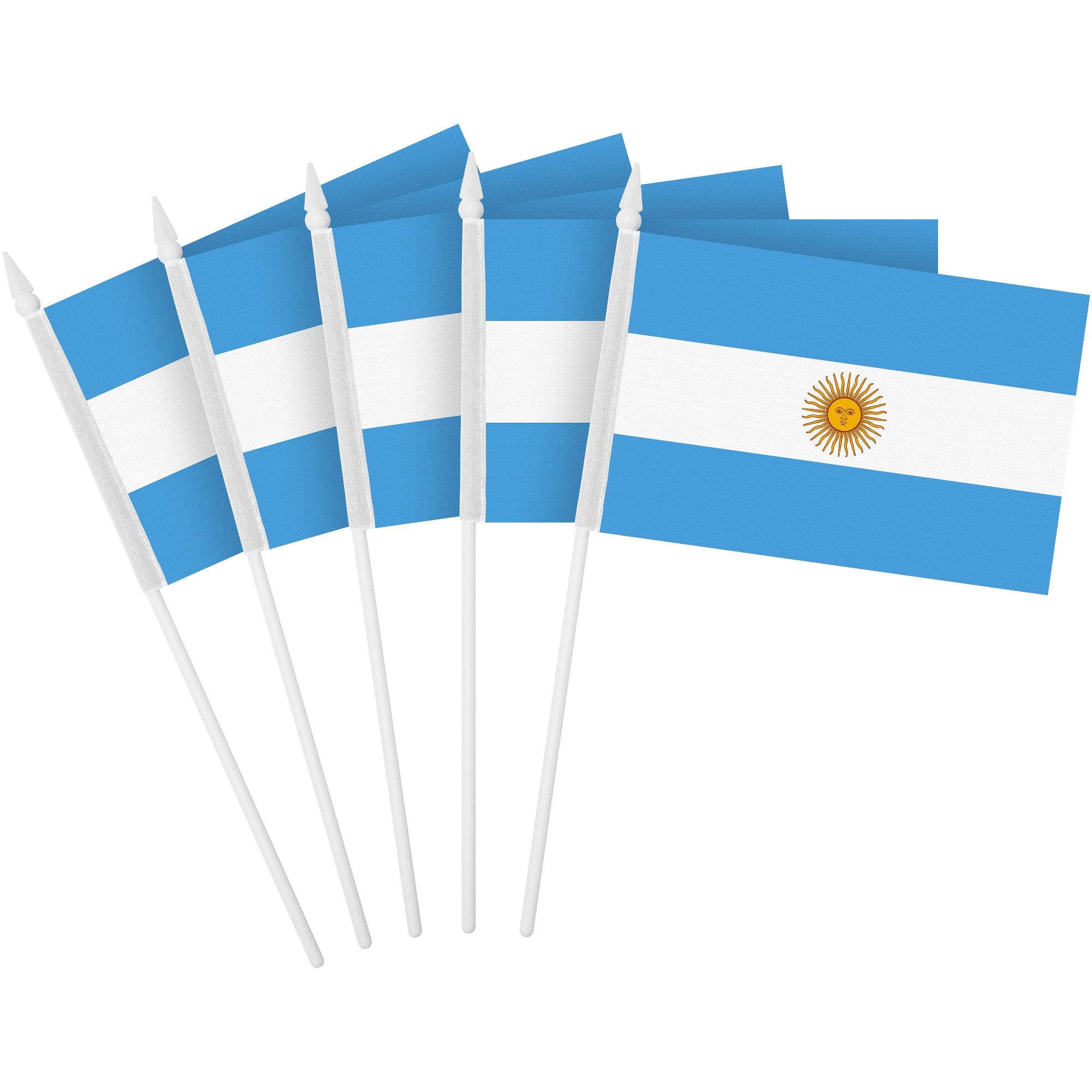 G128 - 24-Pack Argentina Handheld Stick Flags, 4 x 6 in, 150D Polyester with Plastic Pole and White Spear Tip - Assorted Colors