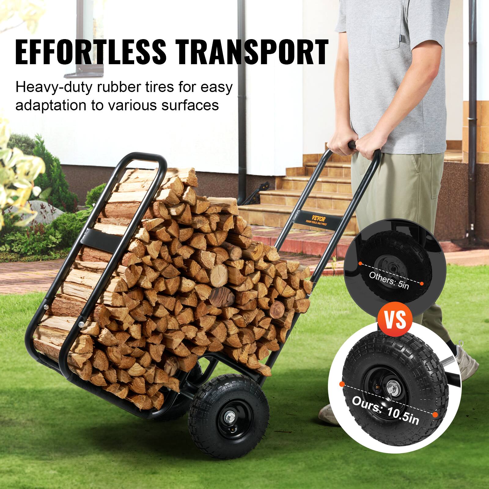 EFFORTLESS TRANSPORT  
Heavy-duty rubber tires for easy adaptation to various surfaces  

Others: 5in  
VS  
Ours: 10.5in