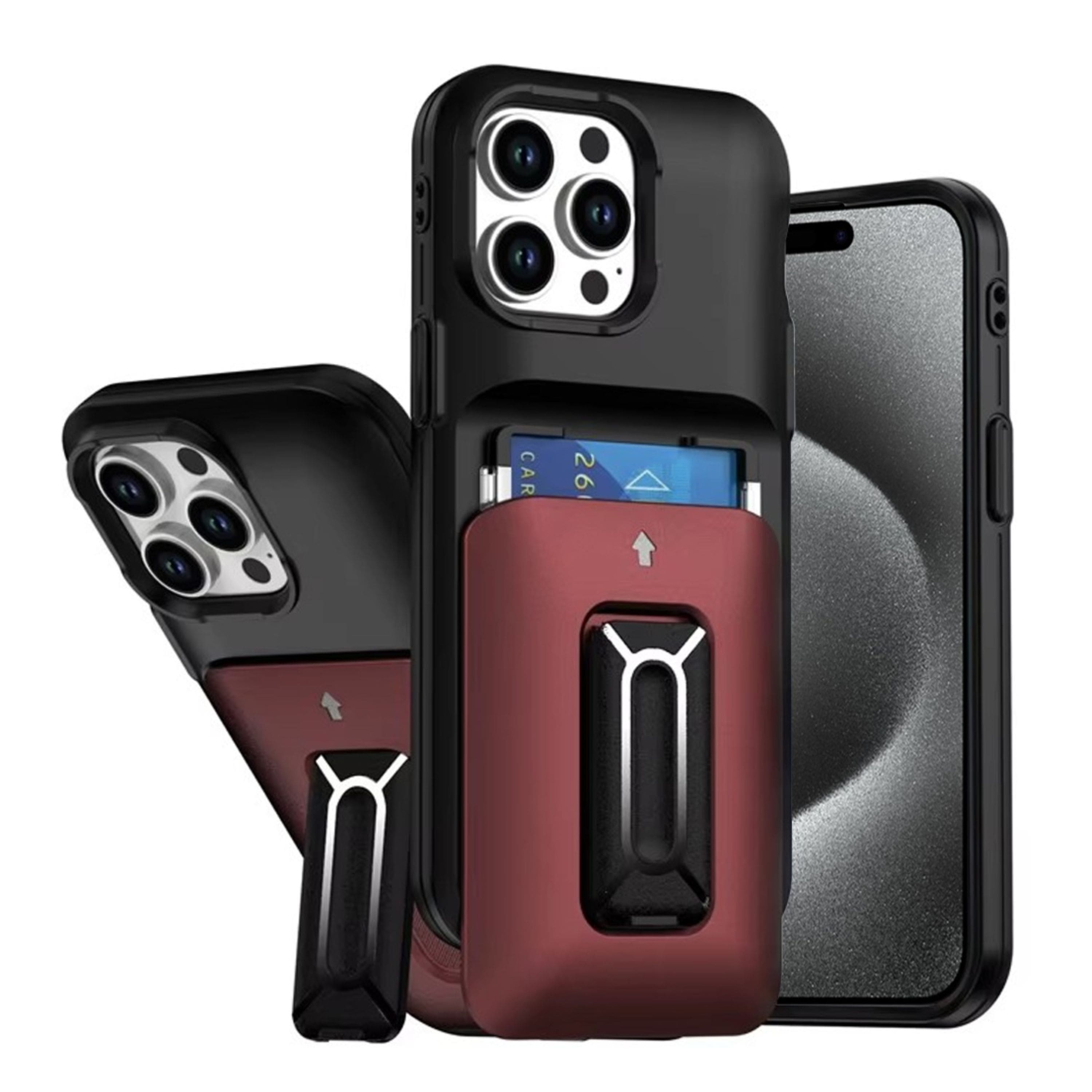 Kitcheniva - Matte Finish Phone Case With Card Holder Kickstand Strap And 2 Pcs Tempered Glass For iPhone 15 Pro Max - Black Red price history on PriceWatchPro