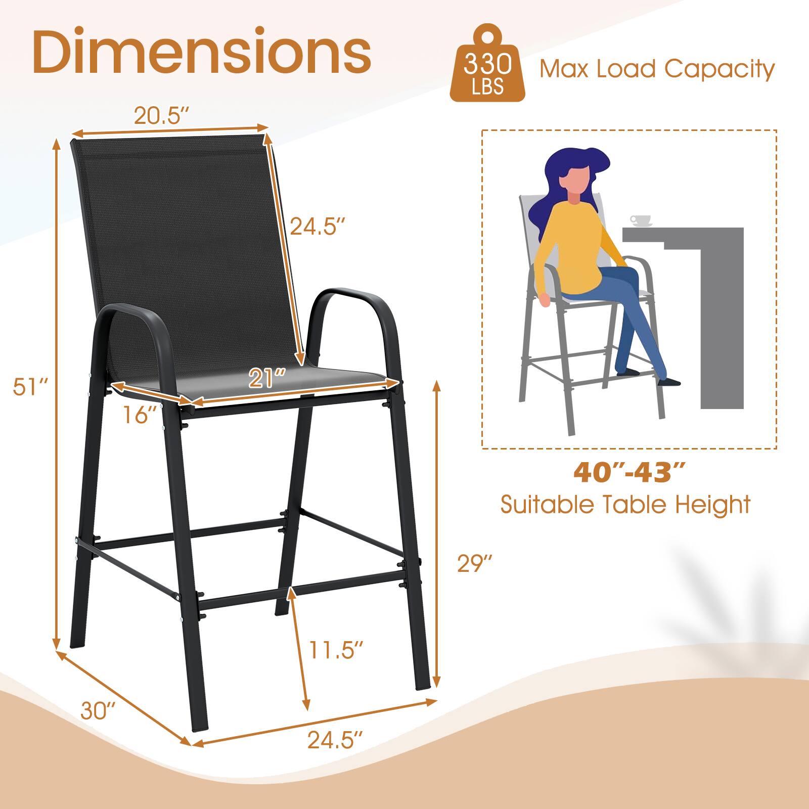 Dimensions:
- Height: 51"
- Width: 24.5"
- Depth: 20.5"
- Seat Height: 29"
- Armrest Height: 21"
- Base Width: 30"
- Base Depth: 24.5"
- Base Height: 11.5"

Max Load Capacity: 330 LBS

Suitable Table Height: 40" - 43"