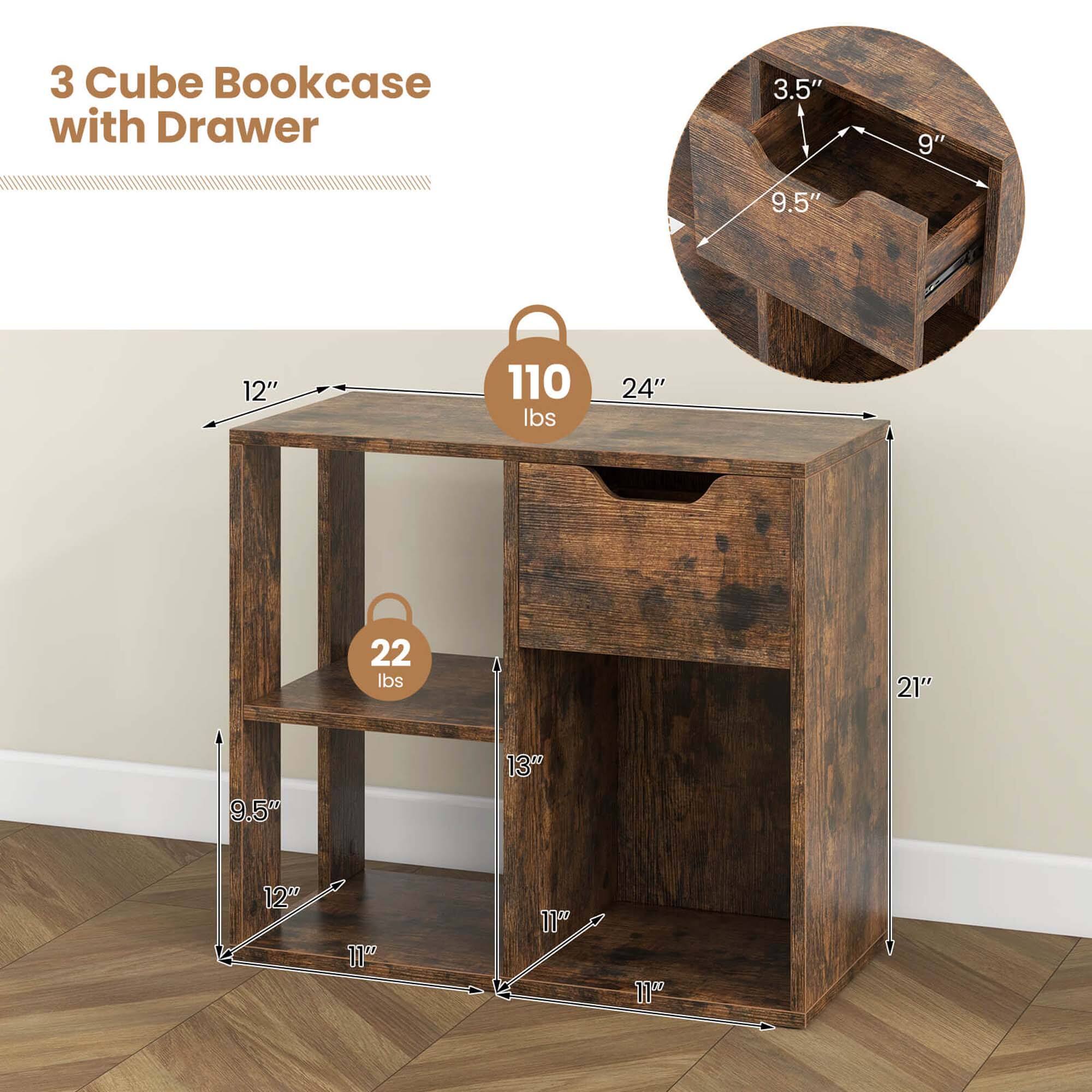 3 Cube Bookcase with Drawer 3.5" 9" 9.5" 12" 110 lbs 24" 22 lbs 21" 9.5 130 120 11" 110 11"