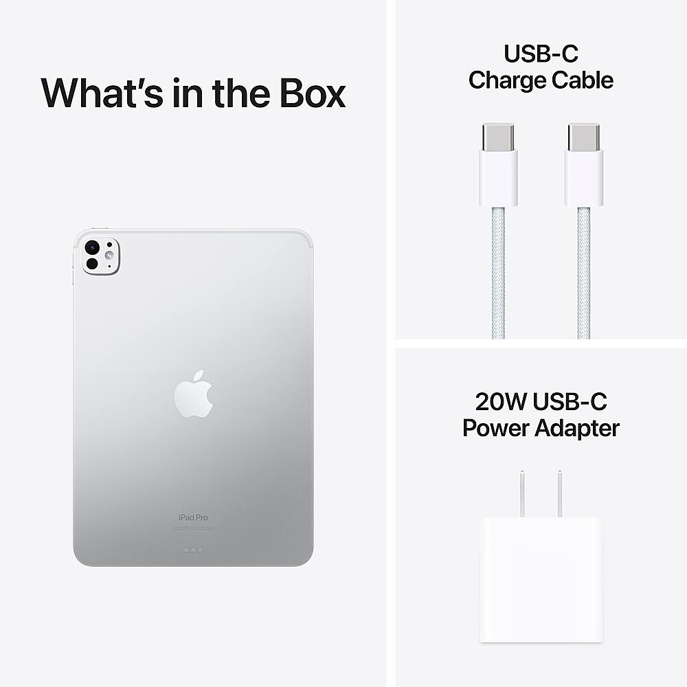 The image features an iPad Pro with a USB-C charge cable and a 20W USB-C power adapter. The USB-C charge cable is white and can be seen in the top right corner of the image. The 20W USB-C power adapter is also visible in the bottom right corner. The iPad Pro is placed in the middle of the image, with the USB-C charge cable and power adapter surrounding it.