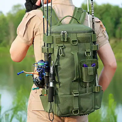 fishing tackle bag with rod holder Backpack, Holders, 40L Capacity With Cooler, Rain Cover, Insulated Pocket, 4 Tackle Trays Included- (Green) KastKings fishing backpacks features compact Fishing Backpack With Rod Holder