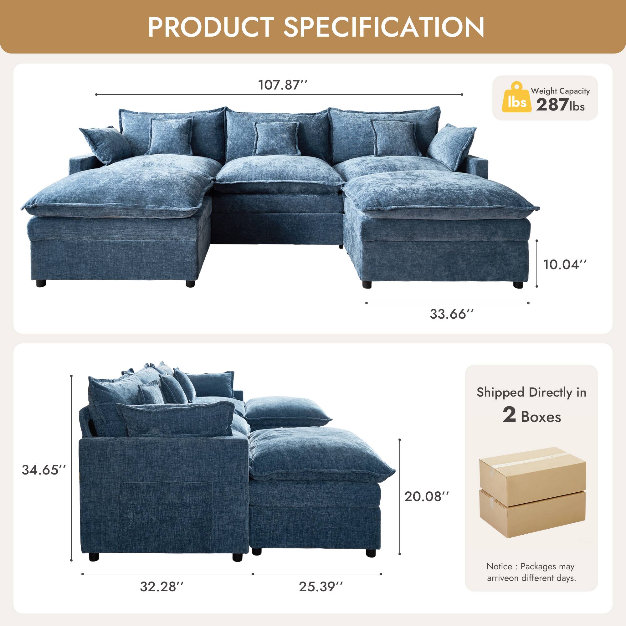 PRODUCT SPECIFICATION

- Weight Capacity: 287 lbs
- Dimensions:
  - 107.87" (length)
  - 33.66" (depth)
  - 34.65" (height)
  - 25.39" (width)
  - 20.08" (seat height)
  - 10.04" (seat depth)

- Shipped Directly in 2 Boxes

Notice: Packages may arrive on different days.