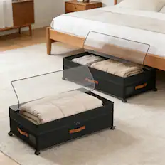 Front. Malletson - Underbed Storage Containers with Wheels, 2-Pack Rolling Wire Mesh Organizer for Clothes, Shoes, Bedding - Black.