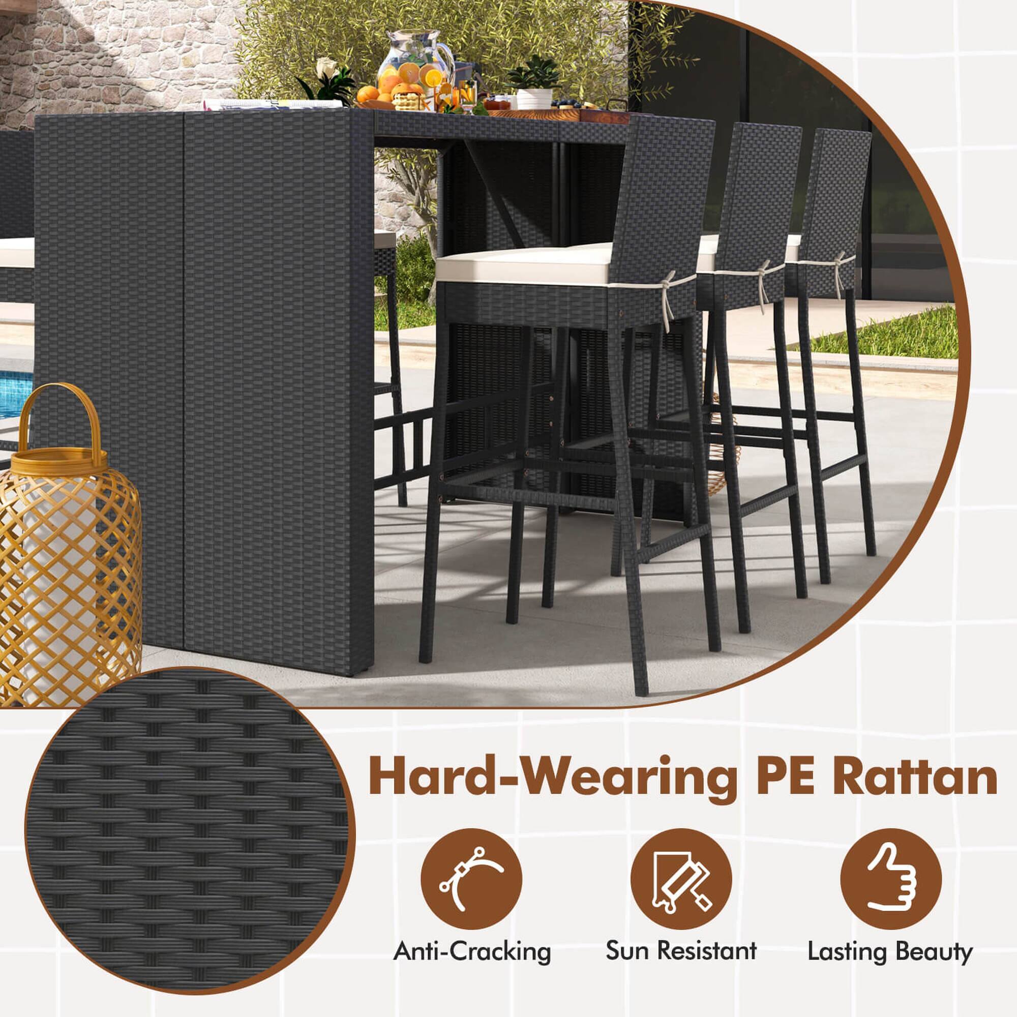 The text on the image reads: "Hard-Wearing PE Rattan Anti-Cracking Sun Resistant Lasting Beauty."