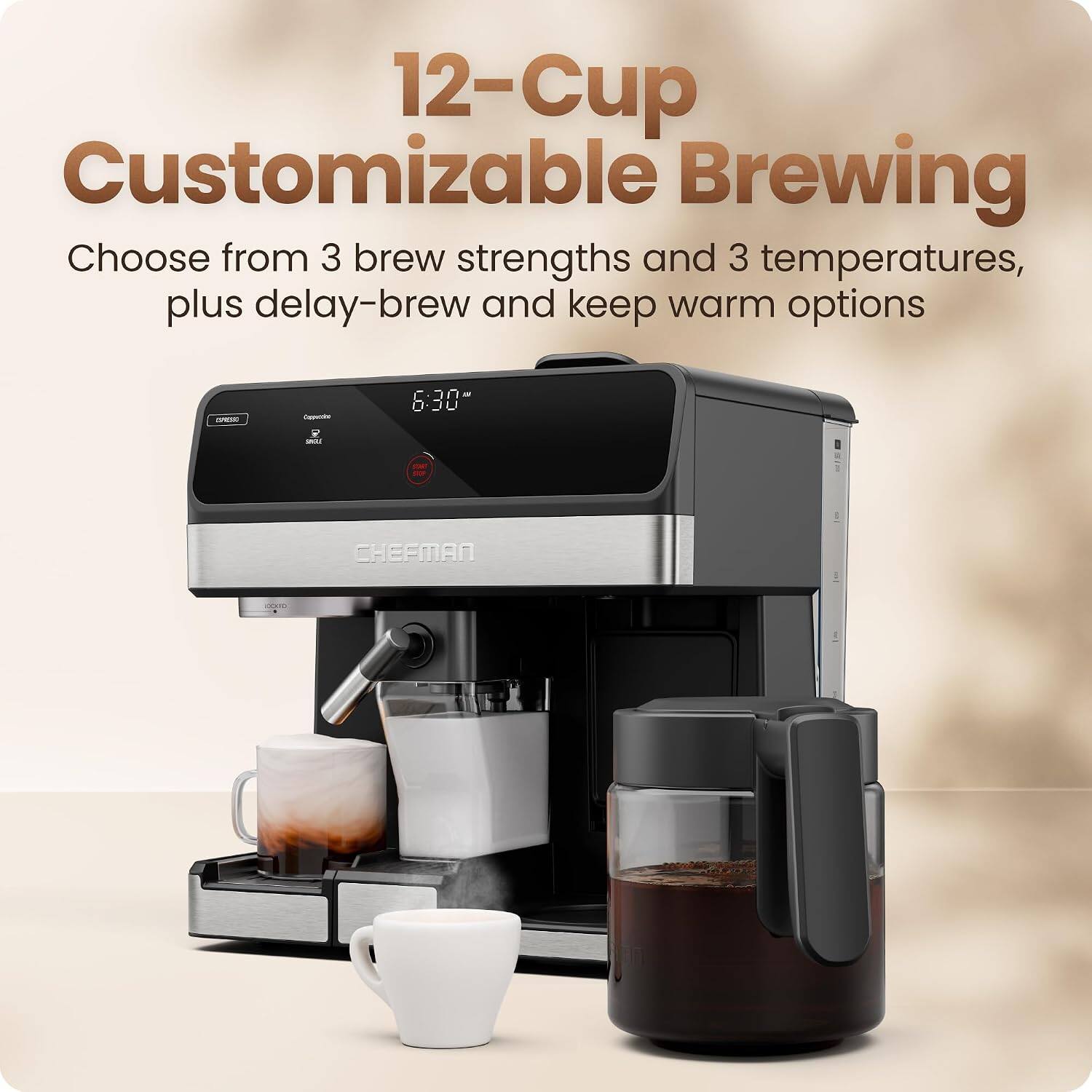 12-Cup Customizable Brewing  
Choose from 3 brew strengths and 3 temperatures, plus delay-brew and keep warm options