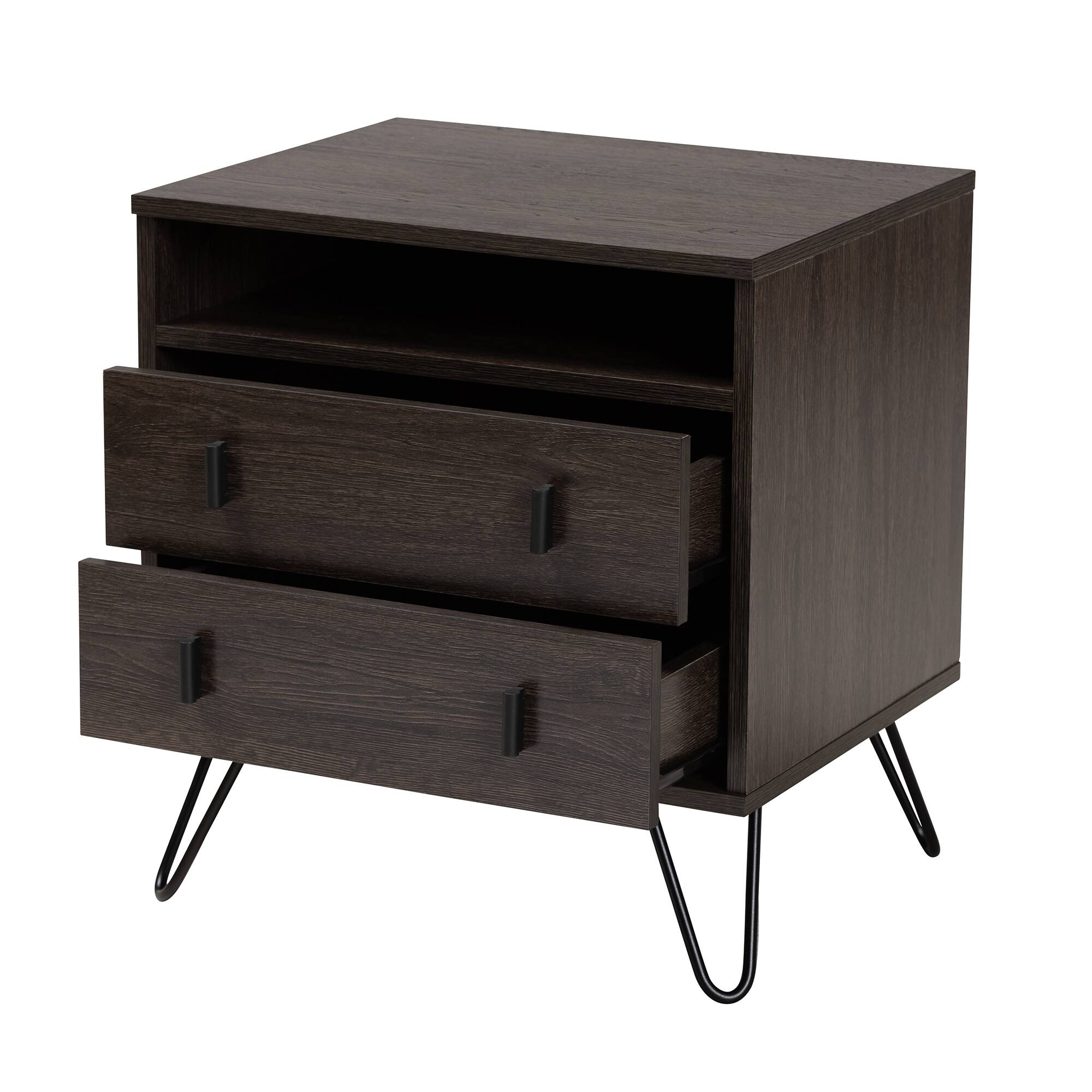 Angle. Baxton Studio - Glover Modern and Contemporary Dark Brown Finished Wood and Metal 2-Drawer Nightstand - Dark Brown/Black.