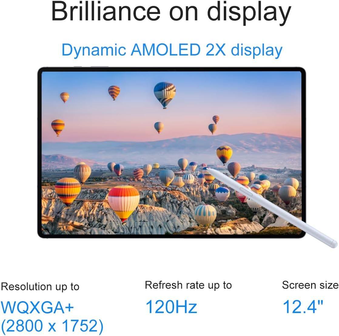 Brilliance on display  
Dynamic AMOLED 2X display  

Resolution up to WQXGA+ (2800 x 1752)  
Refresh rate up to 120Hz  
Screen size 12.4"