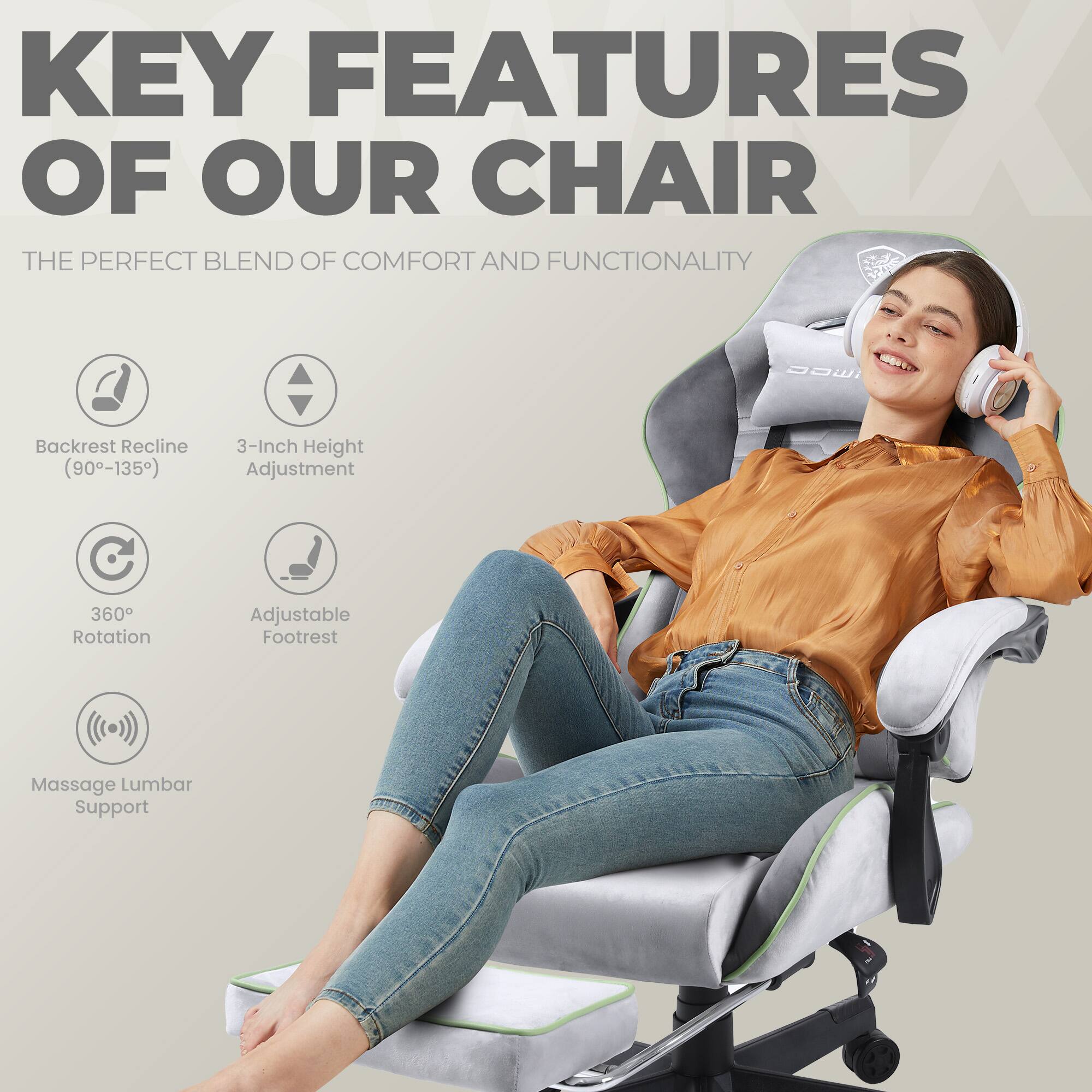 KEY FEATURES OF OUR CHAIR

THE PERFECT BLEND OF COMFORT AND FUNCTIONALITY

- Backrest Recline (90°-135°)
- 3-Inch Height Adjustment
- 360° Rotation
- Adjustable Footrest
- Massage Lumbar Support