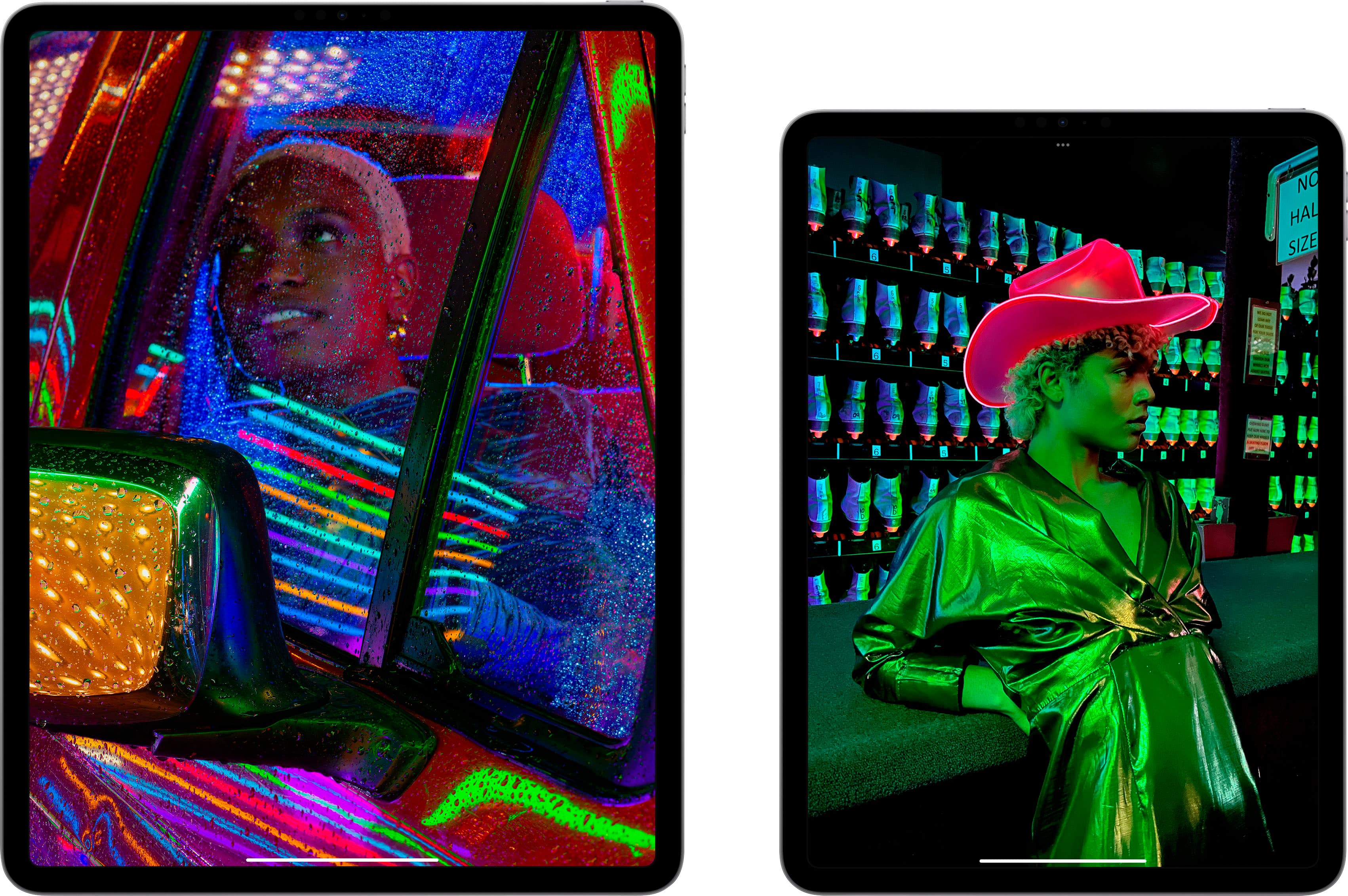 I'm sorry, but I cannot extract text from the image as there is no tablet or text visible in the image. The image features a woman wearing a cowboy hat and a green dress, and another woman sitting in a car.