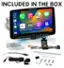 In the box, you will find an LTE-enabled phone, an audio system, a radio, a GPS, and a USB-O docking station. The phone is currently playing music, and the system also supports other features such as maps, podcasts, and messaging. Additionally, the system is equipped with SiriusXM capabilities.