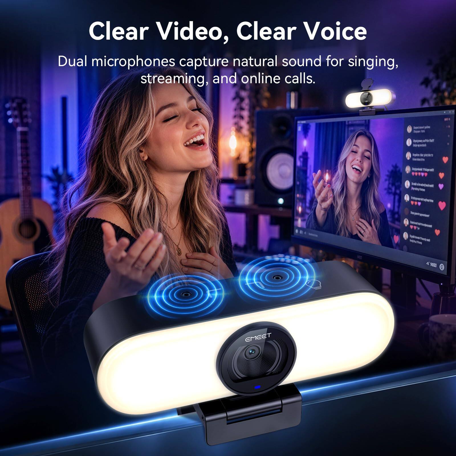 Clear Video, Clear Voice  
Dual microphones capture natural sound for singing, streaming, and online calls.