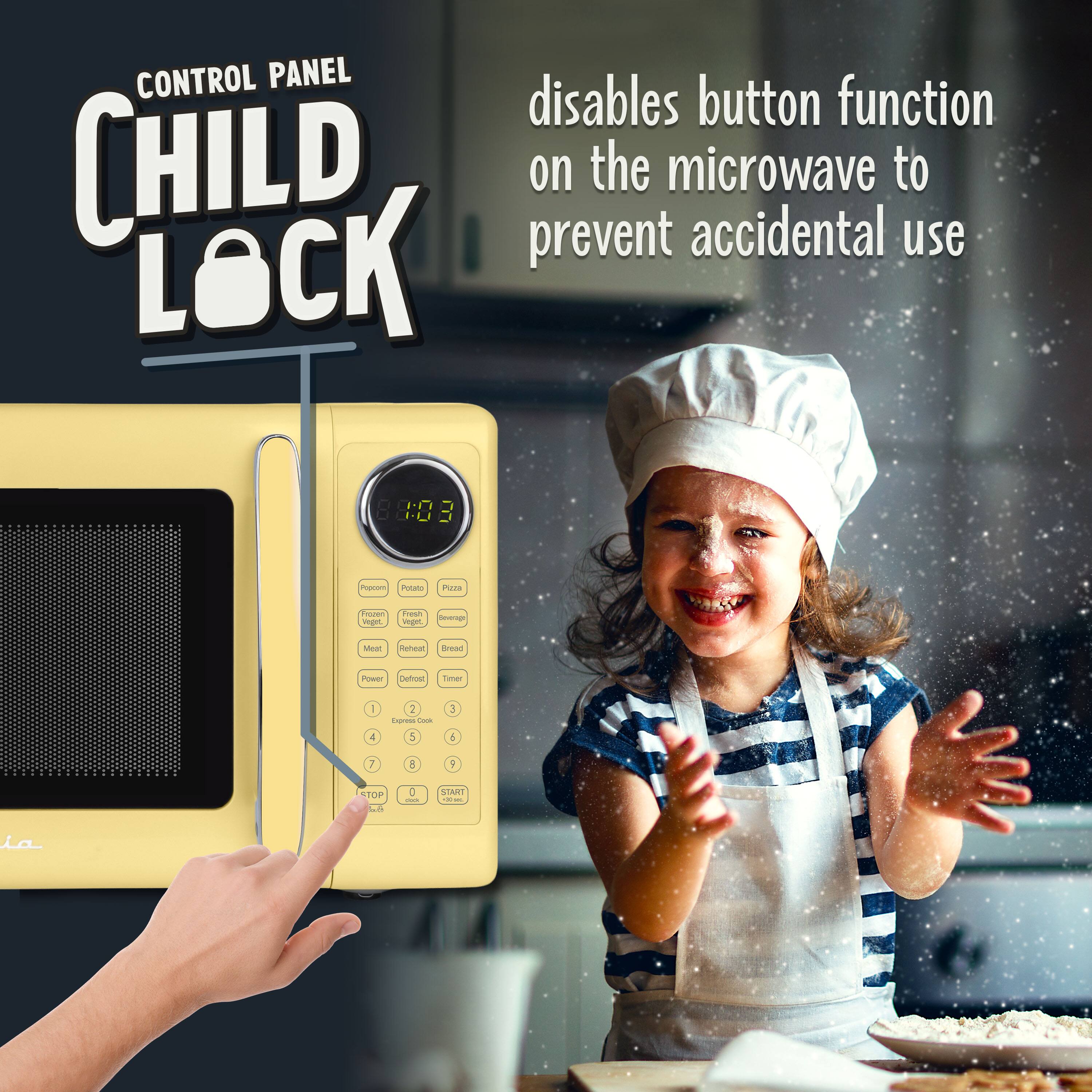 CONTROL PANEL CHILD LOCK disables button function on the microwave to prevent accidental use