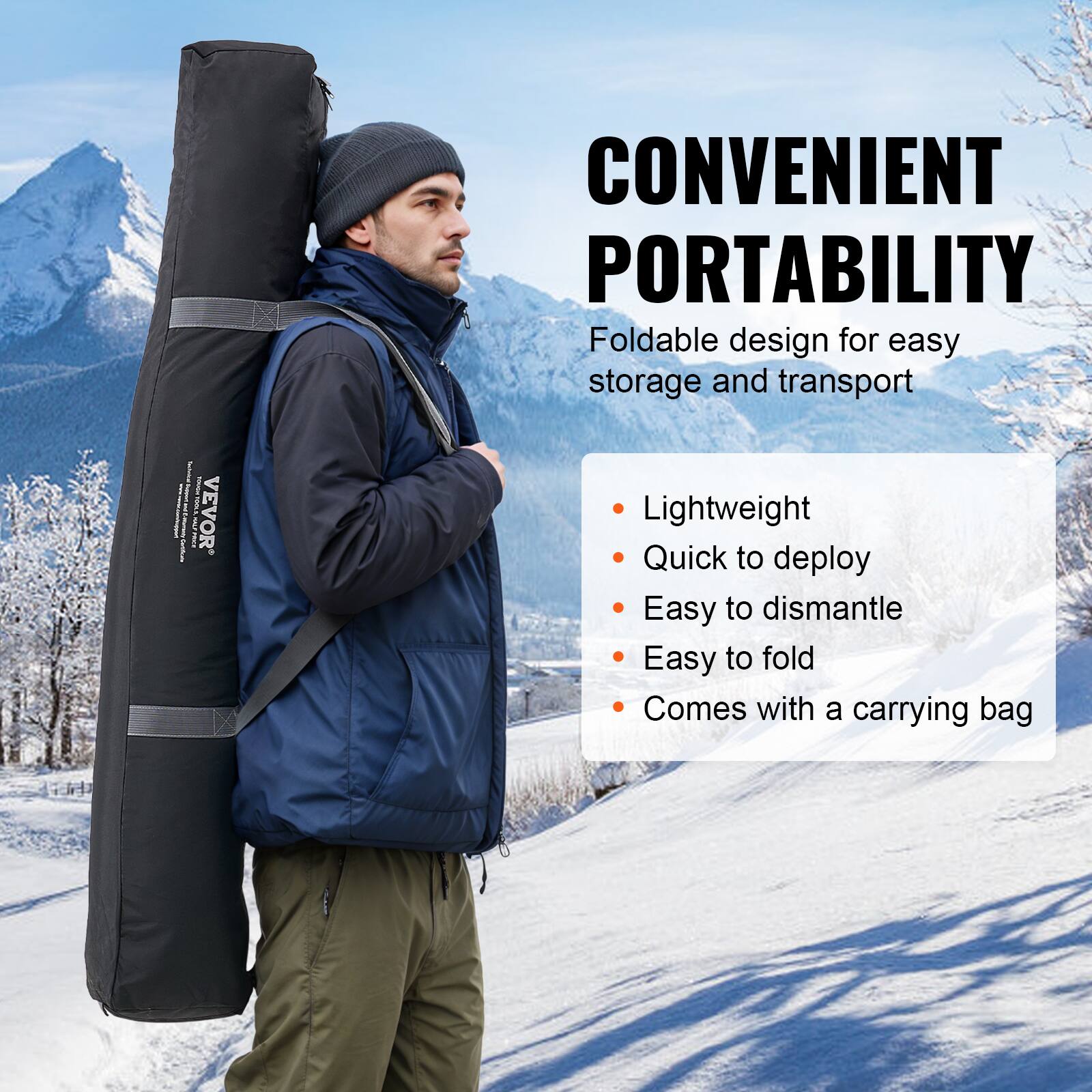 CONVENIENT PORTABILITY

Foldable design for easy storage and transport

- Lightweight
- Quick to deploy
- Easy to dismantle
- Easy to fold
- Comes with a carrying bag