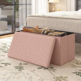 Vecelo - 30" Storage Ottoman Bench with Lid, Folding Ottoman Bench, Linen Storage Bench for Bedroom Living Room - Pink