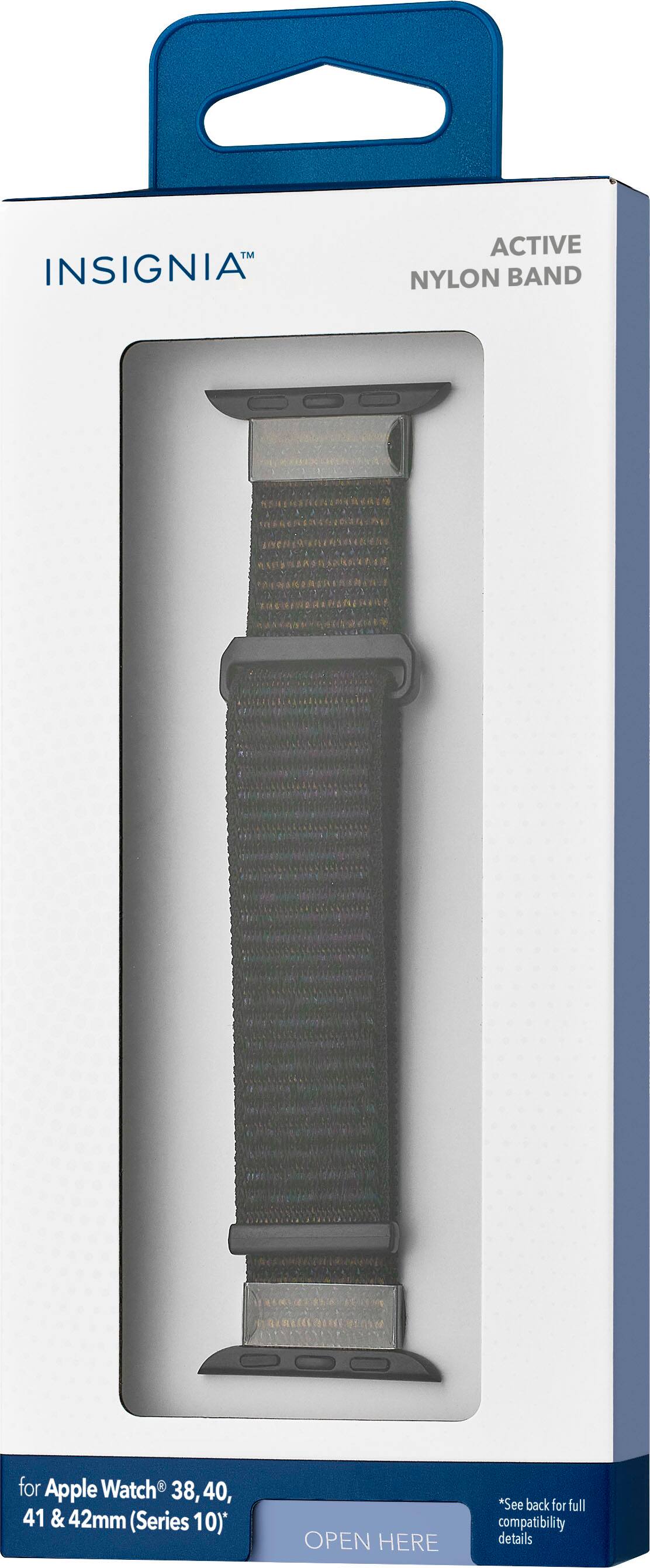 The text on the image reads: "Insignia Active Nylon Band for Apple Watch 38, 40, 41 & 42mm (Series 10) * OPEN HERE * See back for full compatibility details."