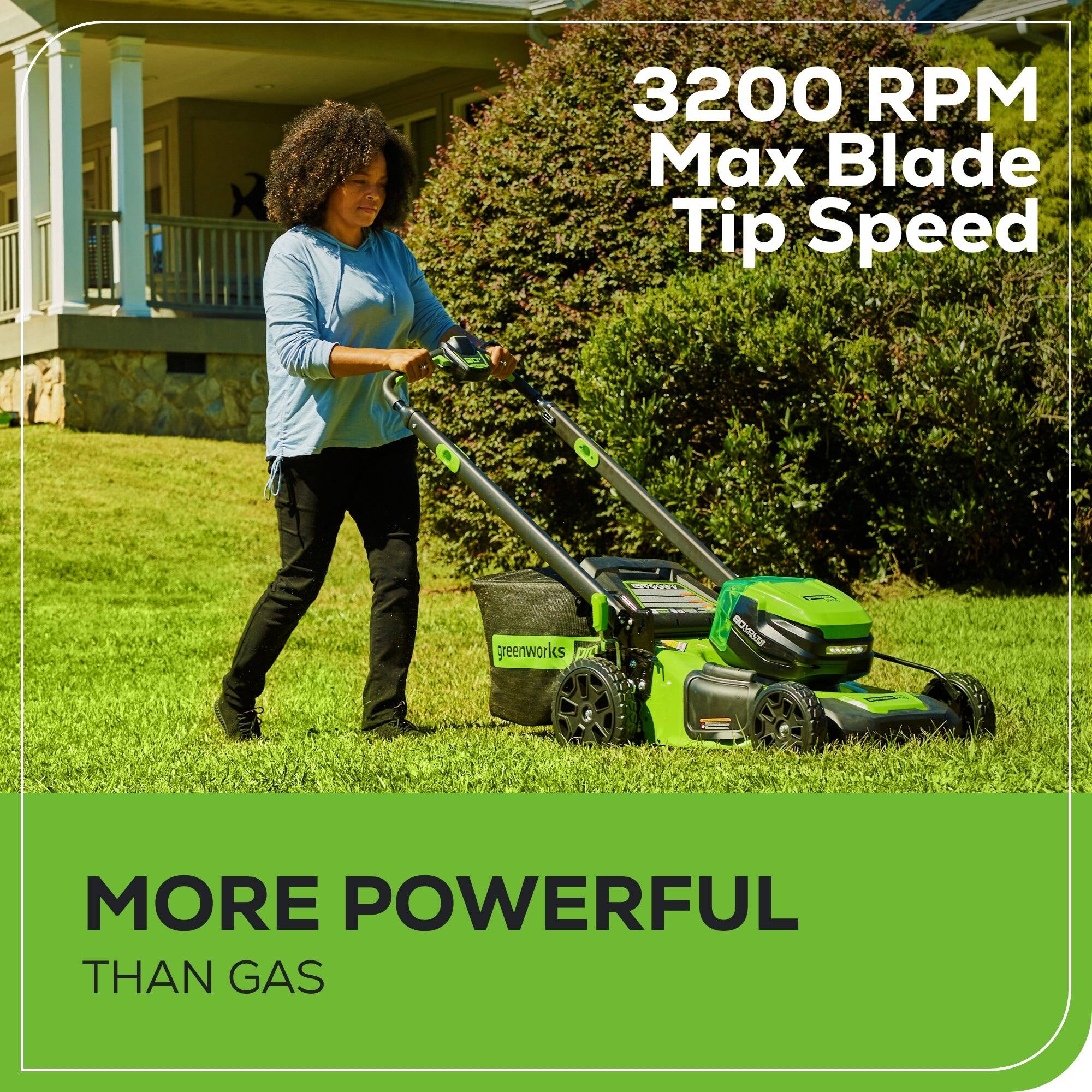 "3200 RPM Max Blade Tip Speed greenworks SC MORE POWERFUL THAN GAS"