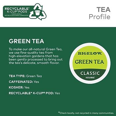 **TEA Profile**

**GREEN TEA**

To make our all-natural Green Tea, we use fine-quality tea from high-elevation gardens that has been gently processed to bring out the tea's delicate, smooth flavor.

- **TEA TYPE:** Green Tea
- **CAFFEINATED:** Yes
- **KOSHER:** Yes
- **RECYCLABLE* K-CUP POD:** Yes

*Check locally, not recycled in many communities.

**BIGELOW GREEN TEA CLASSIC KEURIG**