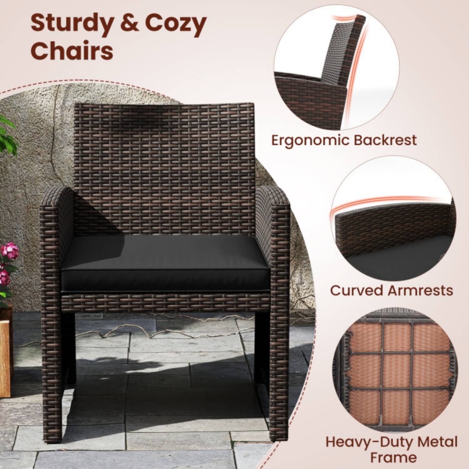 Sturdy & Cozy Chairs  
Ergonomic Backrest  
Curved Armrests  
Heavy-Duty Metal Frame