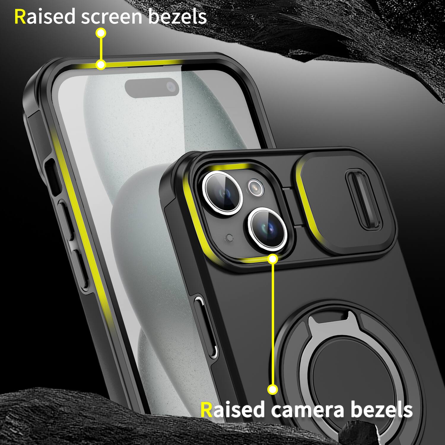 Raised screen bezels  
Raised camera bezels