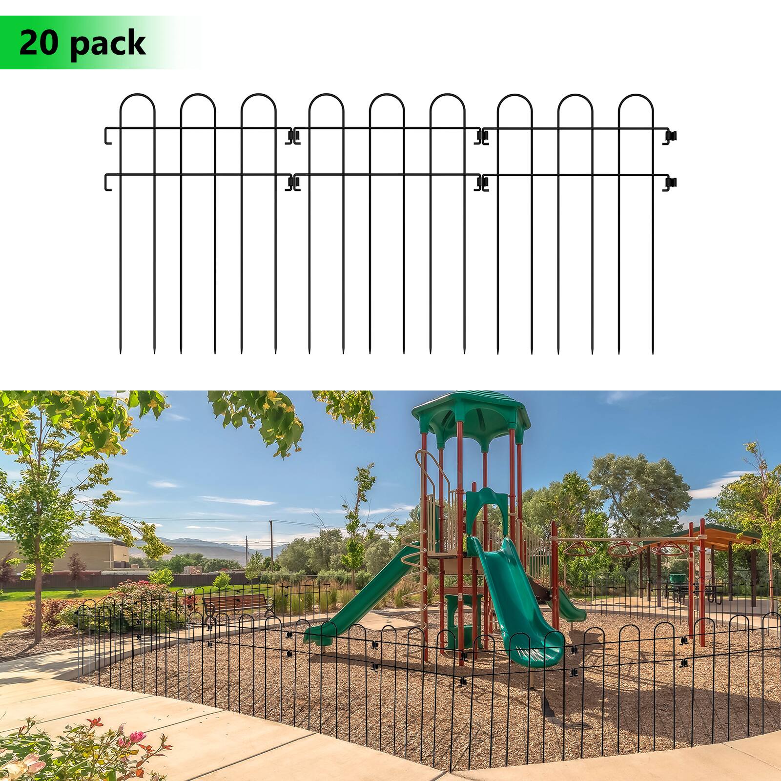 Front. Oumilen - 20-Pack No Dig Animal Barrier Fence, 16.5in Tall Black Metal Garden Border with 1.5in Spike Spacing.