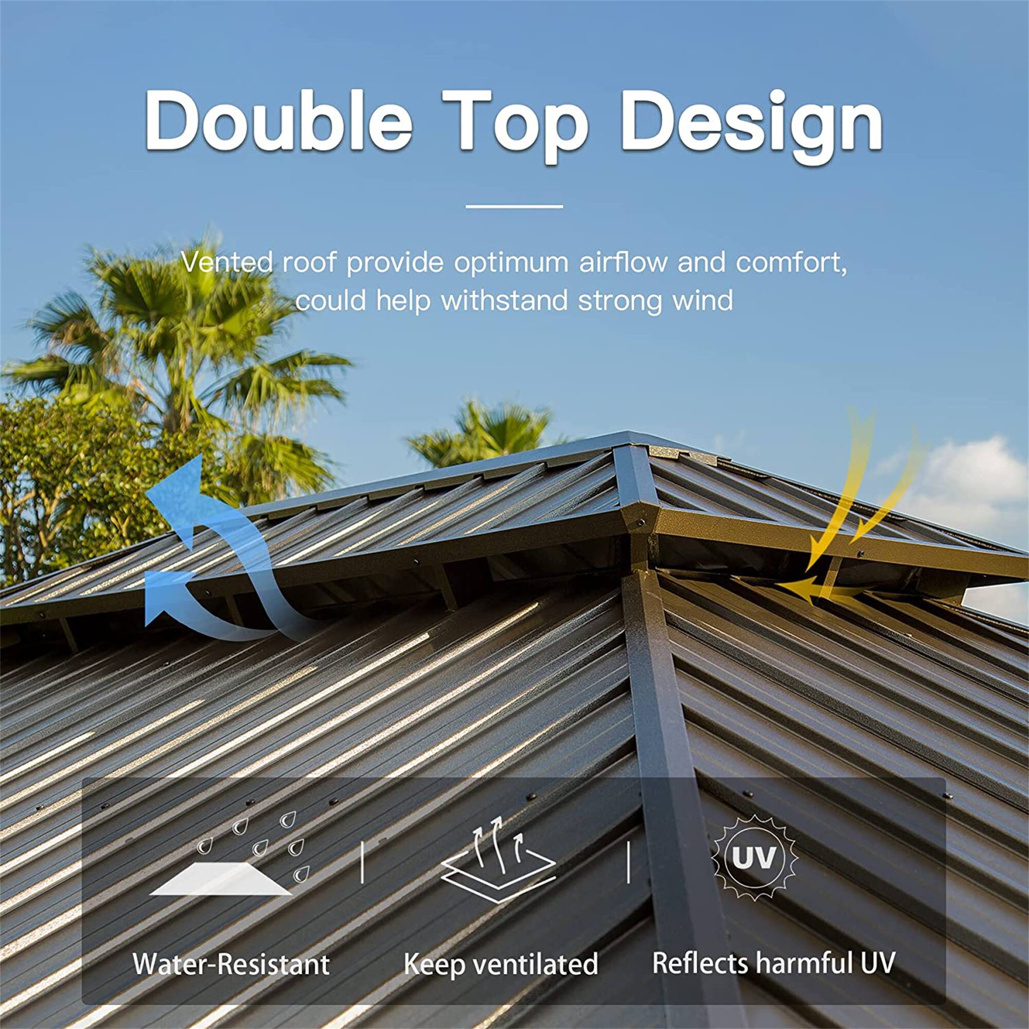 Double Top Design

Vented roof provide optimum airflow and comfort, could help withstand strong wind

- Water-Resistant
- Keep ventilated
- Reflects harmful UV