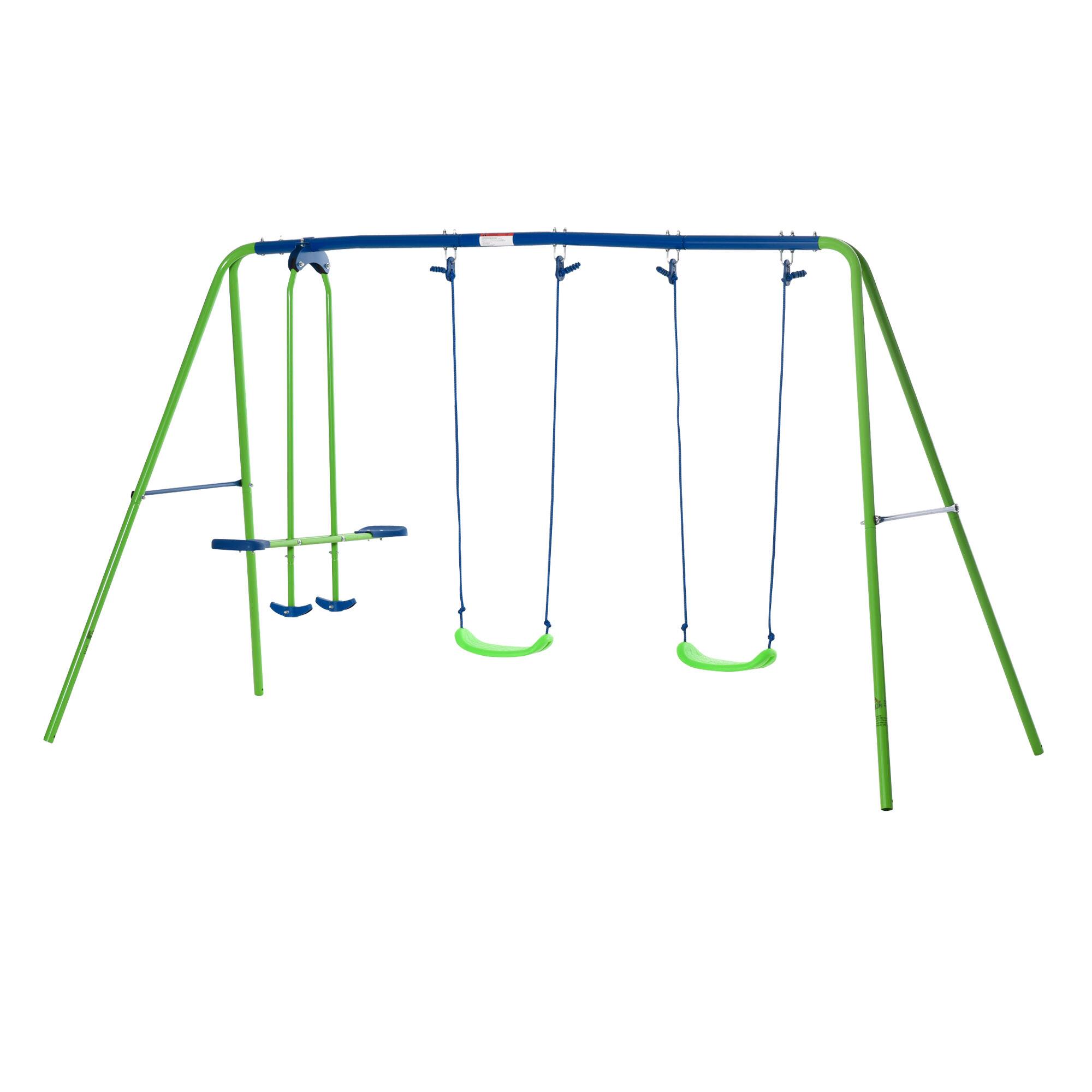Left. APRILSOUL - Metal Swing Set with Glider Two Swing Seats and Adjustable Height Outdoor Heavy Duty A-Frame Suitable for Playground.