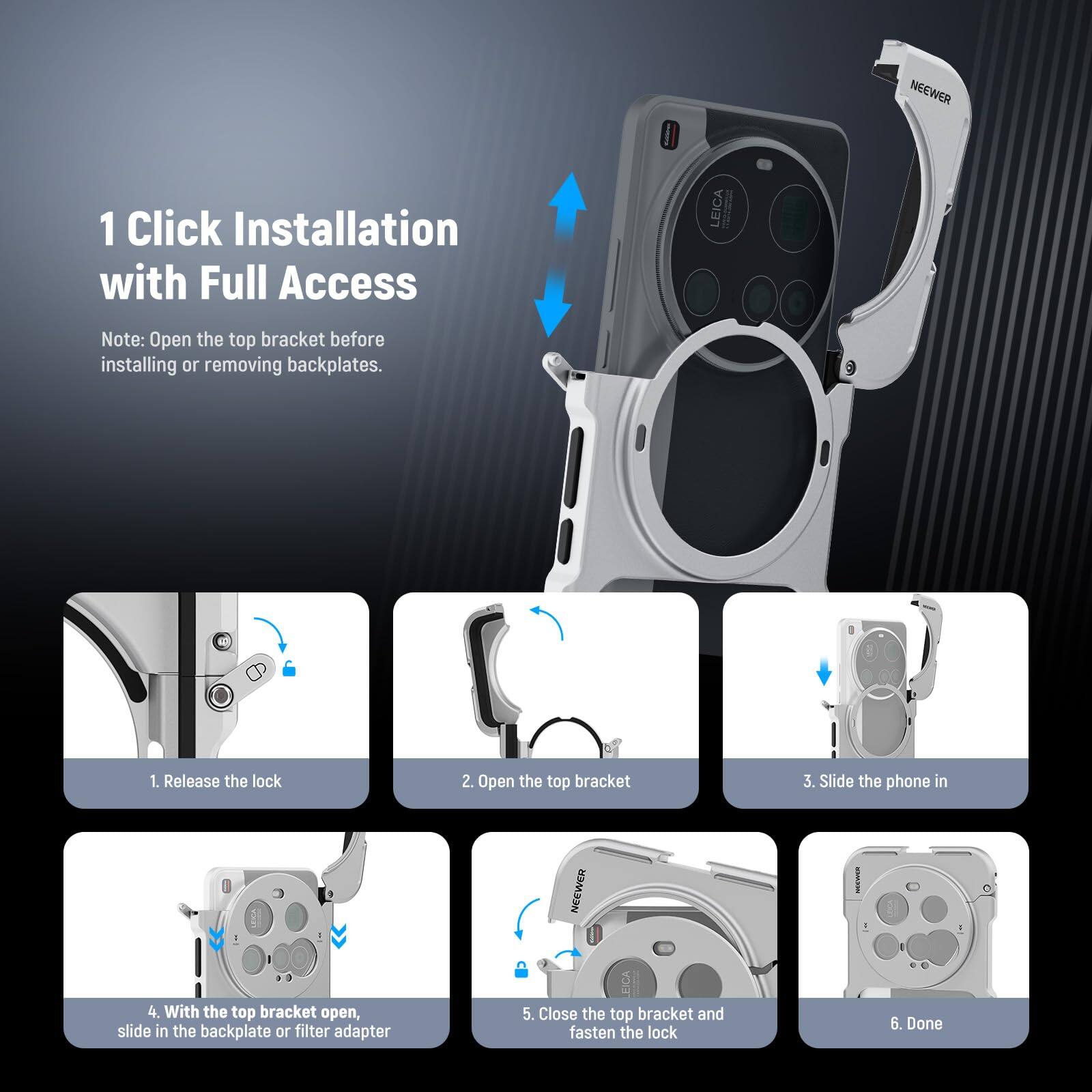 1 Click Installation with Full Access

Note: Open the top bracket before installing or removing backplates.

1. Release the lock
2. Open the top bracket
3. Slide the phone in
4. With the top bracket open, slide in the backplate or filter adapter
5. Close the top bracket and fasten the lock
6. Done