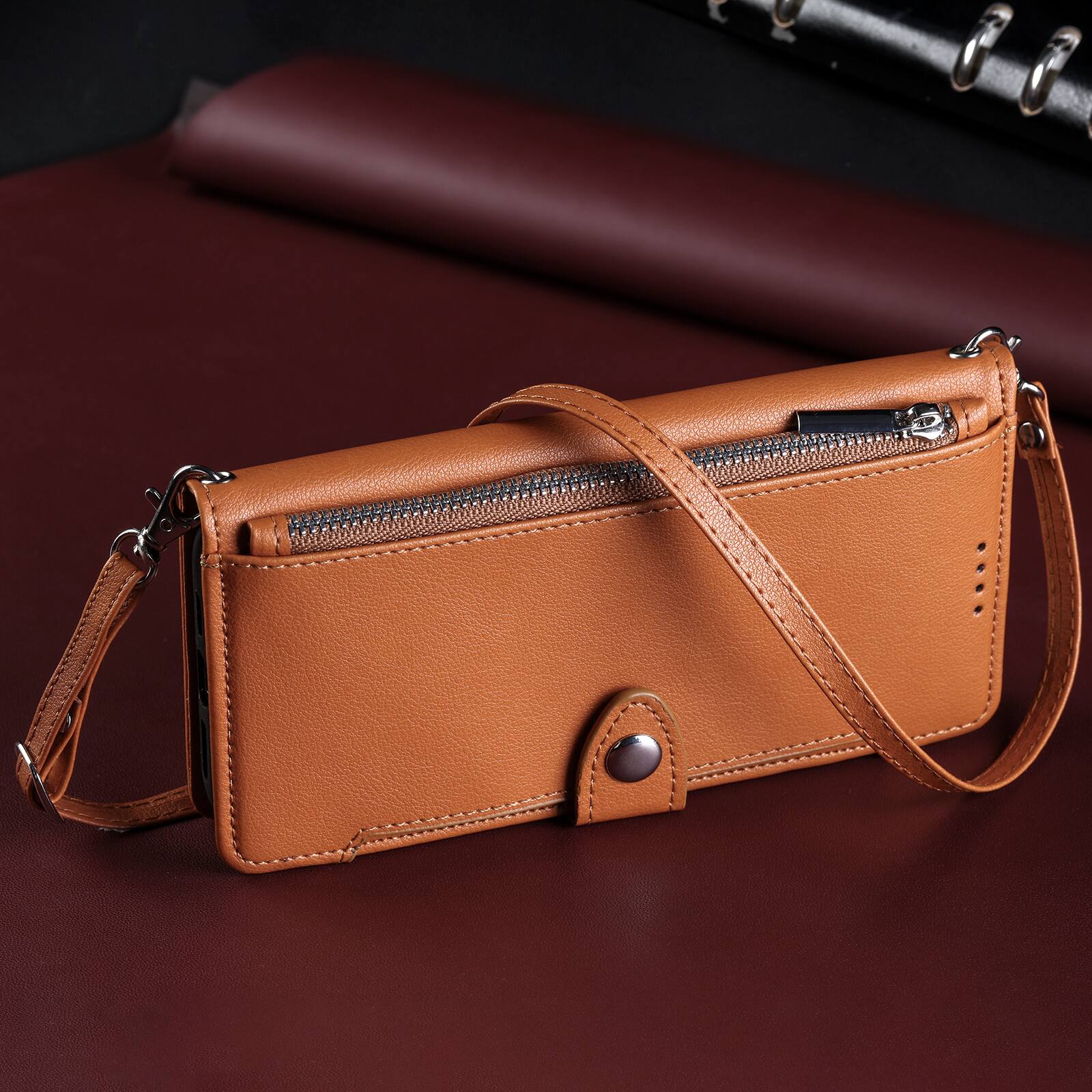 Left. Dteck - Wallet Case for Samsung Galaxy A56 Crossbody Premium Leather Flip Kickstand Zipper Card Slot Cover With Strap+Lanyard - Brown.