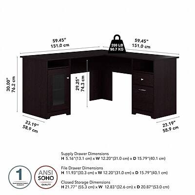 $9.45" 151.0 cm  
200 LB 90.7 KG  
59.45" 151.0 cm  
30.00" cm 76.2  
29.25" cm 74.3  
58.9 23.19" cm  
23.19M cm 58.9  

Supply Drawer Dimensions H 5.16"(13.1 cm) X W 12.20"(31.0 cm) X D 15.79"(40.1 cm)  
1 Bookies  
File Drawer Dimensions ANSI H 11.93"(30.3 cm) X W 12.20(31.0 cm) X D 15.79"(40.1 cm)  
SOHO Closed Storage Dimensions QUALITY H 21.77* (55.3 cm) X W 12.83"(32.6 cm) X D 20.87"($3.0 cm)