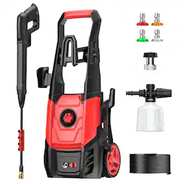 Steelite - 2200 PSI Max 2.5 GPM Electric Pressure Washer with Adjustable Nozzles, Extended Hose & Power Cord - Red