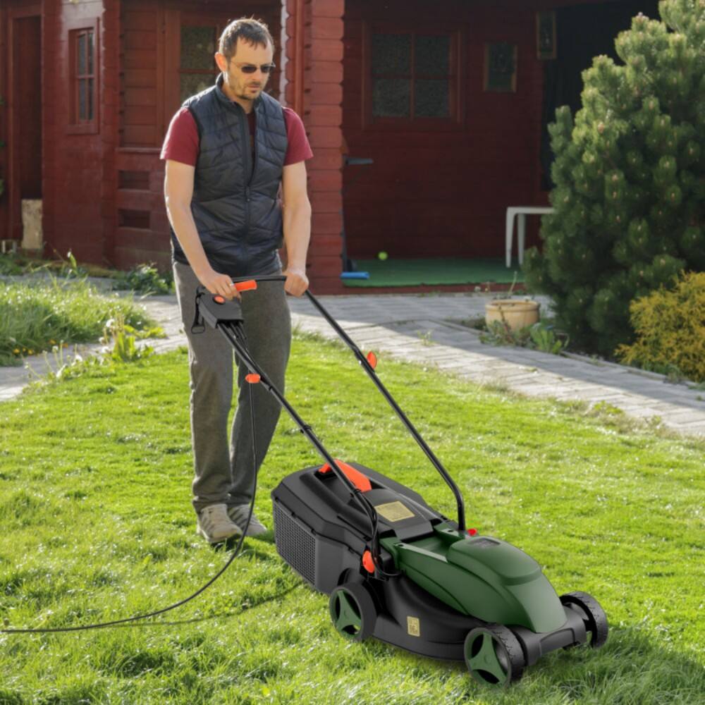 Back. SKONYON - 10 Amp 13 Inch Corded Electric Lawn Mower with Grass Box - Green.