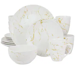 Elama - Fine Marble 16 Piece Stoneware Dinnerware Set - Gold and White