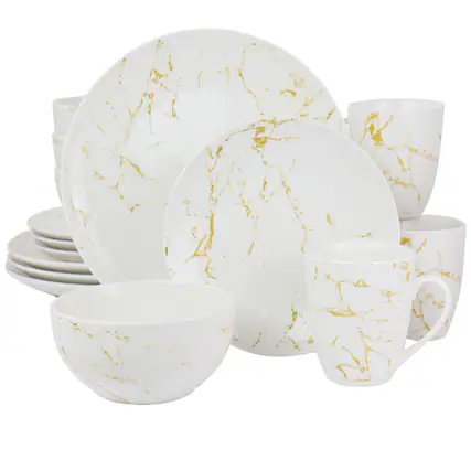 Front. Elama - Elama Fine Marble 16 Piece Stoneware Dinnerware Set in Gold and White - Gold and White.