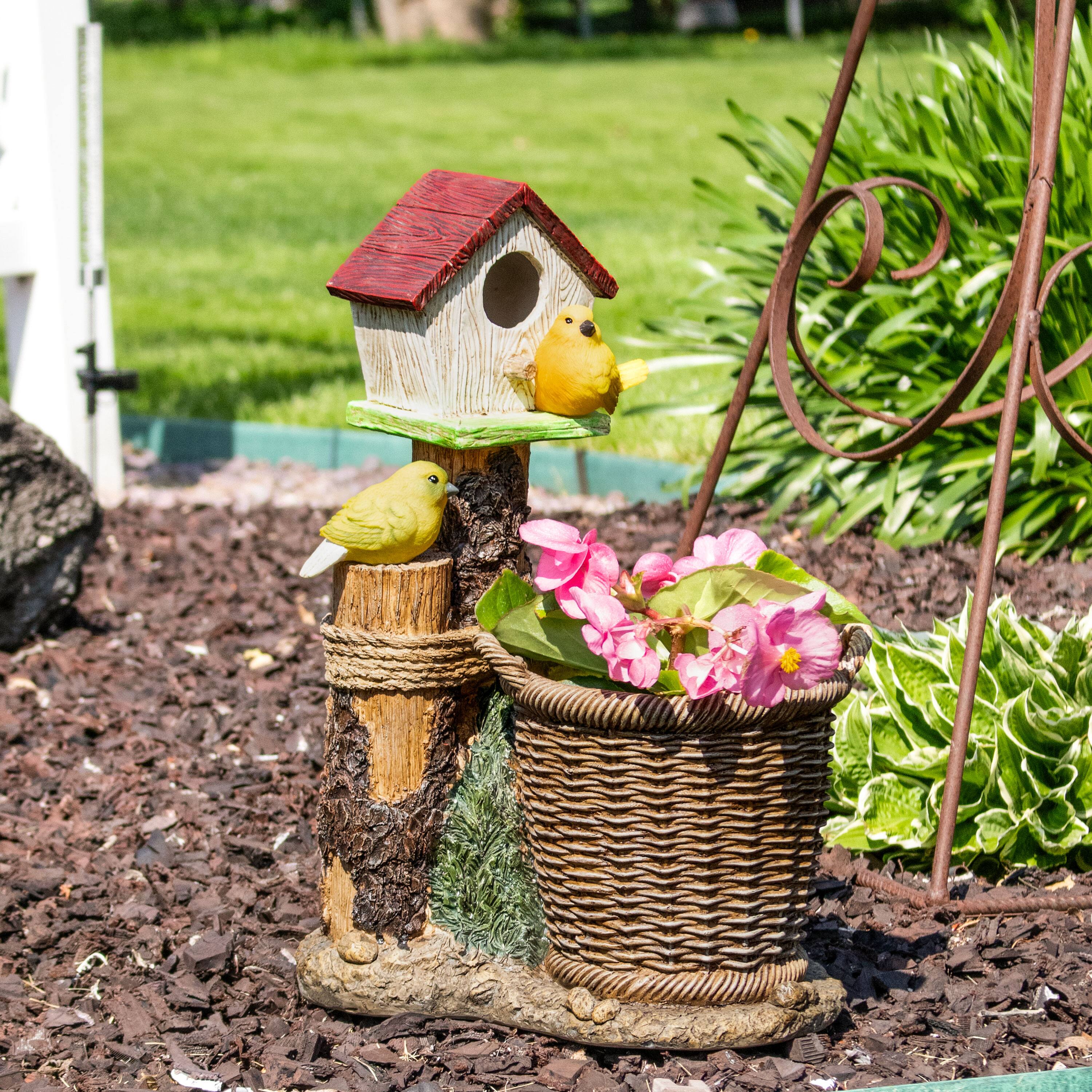Alt View 2. Sunnydaze - Polyresin Bird House Planter Statue with Solar Lighted Birds - Brown.