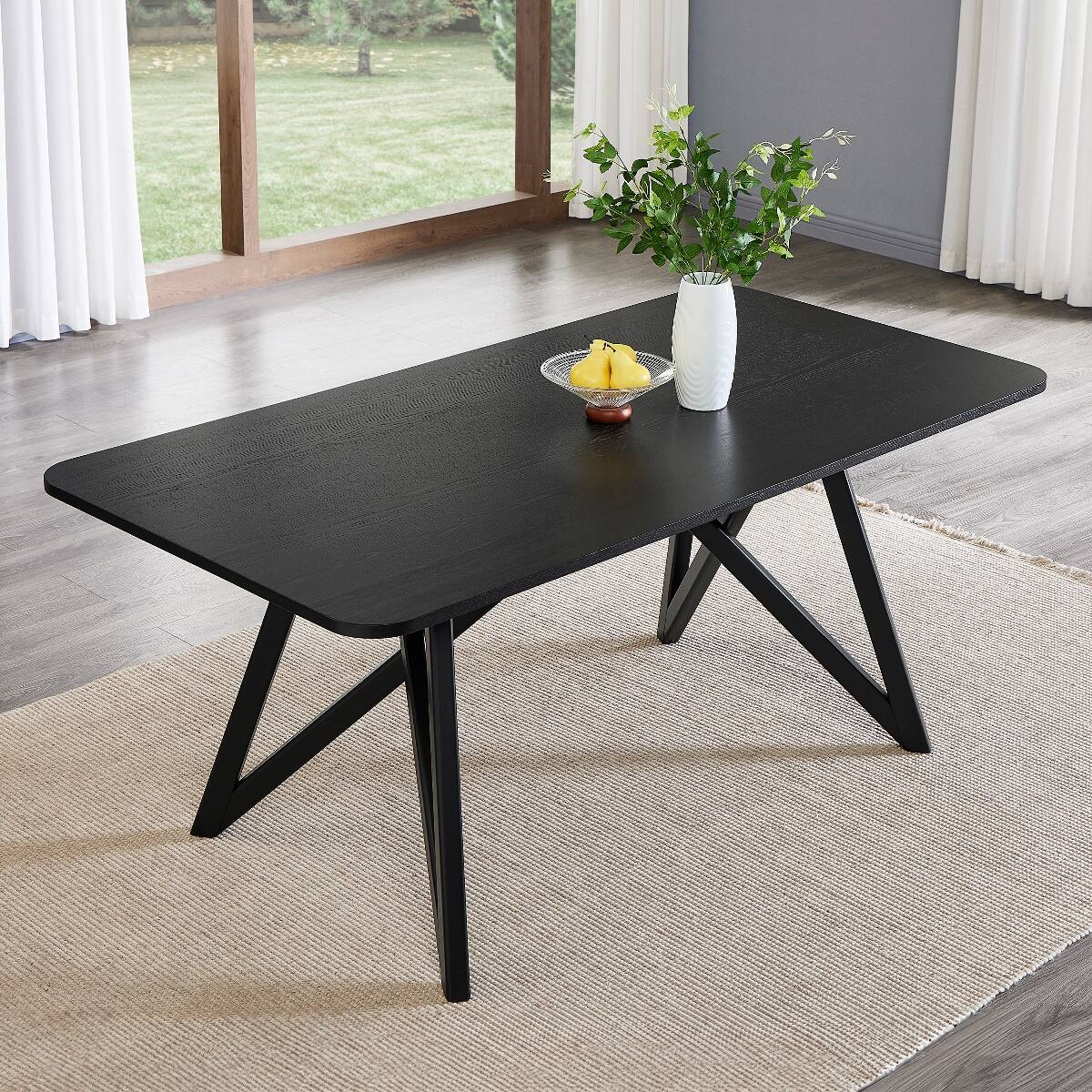 Back. Loheer - Loheer 70-Inch Black Rectangular Dining Table with Tripod Cross Legs - Black.