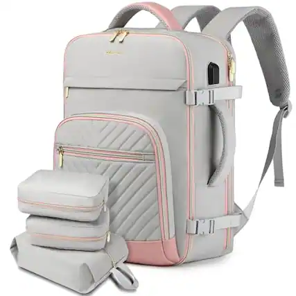 Front. Stamp n Camp - Large Carry On Travel Backpack Flight Approved 40l Waterproof Personal Item Daypack For Women Weekender Bag Fit 17inch - Grey Pink.