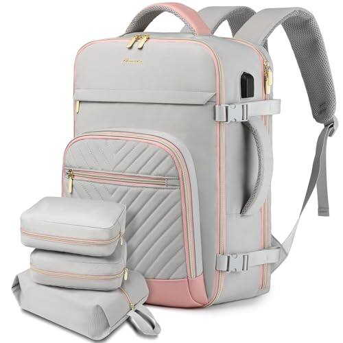 Front. Stamp n Camp - Large Carry On Travel Backpack  Flight Approved 40l Waterproof Personal Item Daypack For Women Weekender Bag Fit 17inch - Grey Pink.