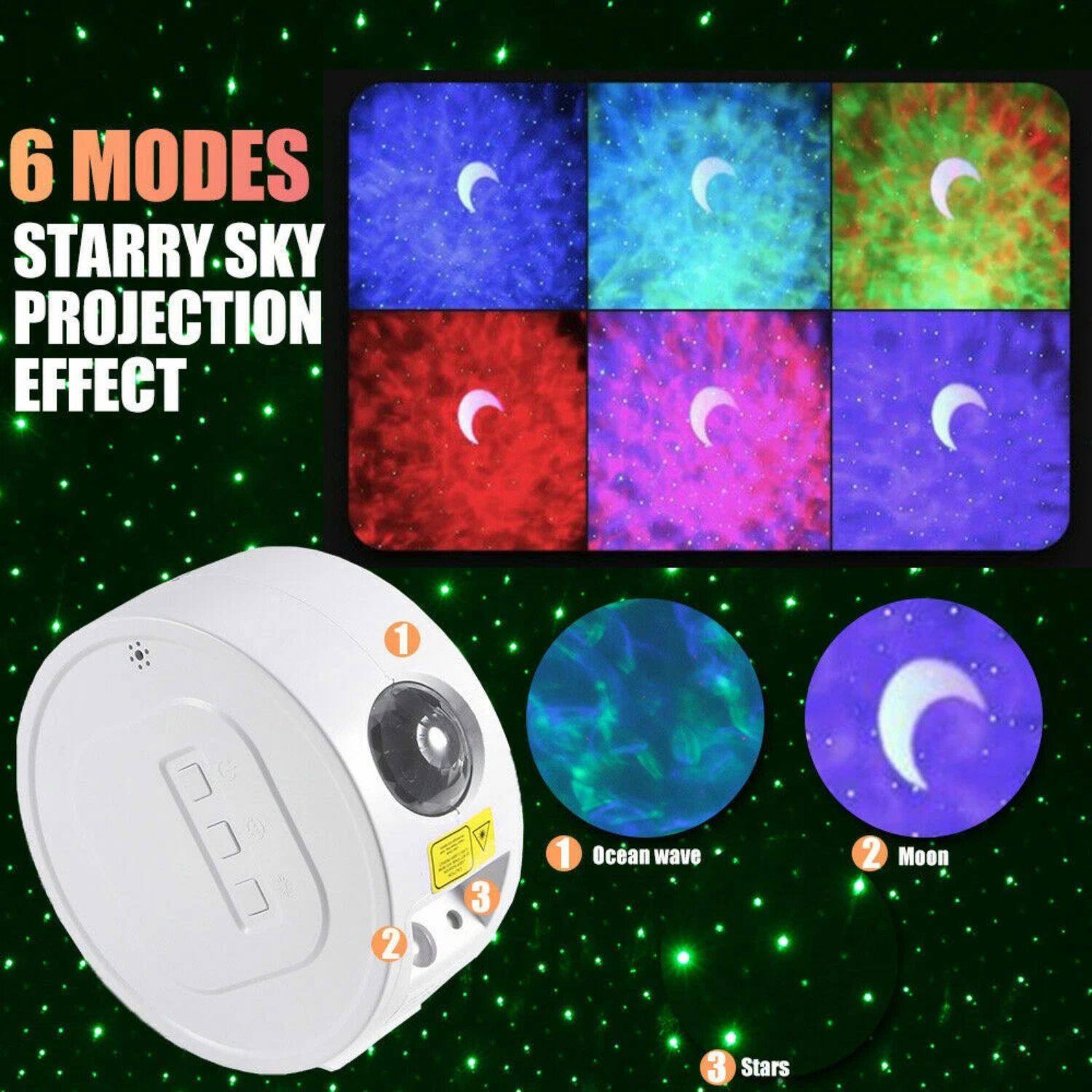 6 MODES  
STARRY SKY PROJECTION EFFECT  

1. Ocean wave  
2. Moon  
3. Stars