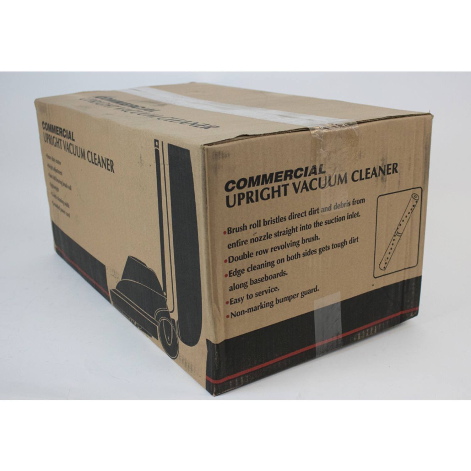 COMMERCIAL UPRIGHT VACUUM CLEANER

- Brush roll bristles direct dirt and debris from entire dirt into nozzle straight into the suction inlet.
- Double row revolving brush gets tough dirt along baseboards.
- Edge cleaning on both sides gets tough dirt along baseboards.
- Easy to service.
- Non-marking bumper guard.
