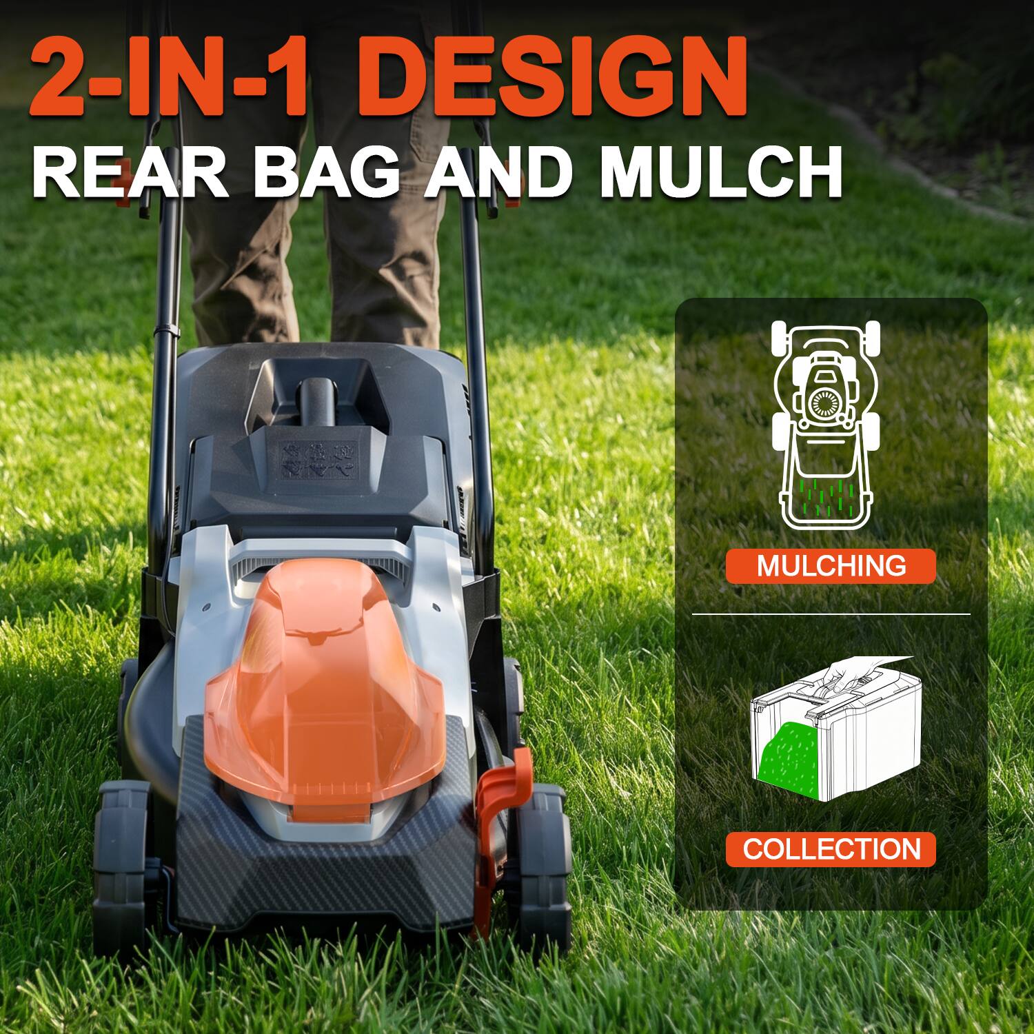 2-IN-1 DESIGN REAR BAG AND MULCH