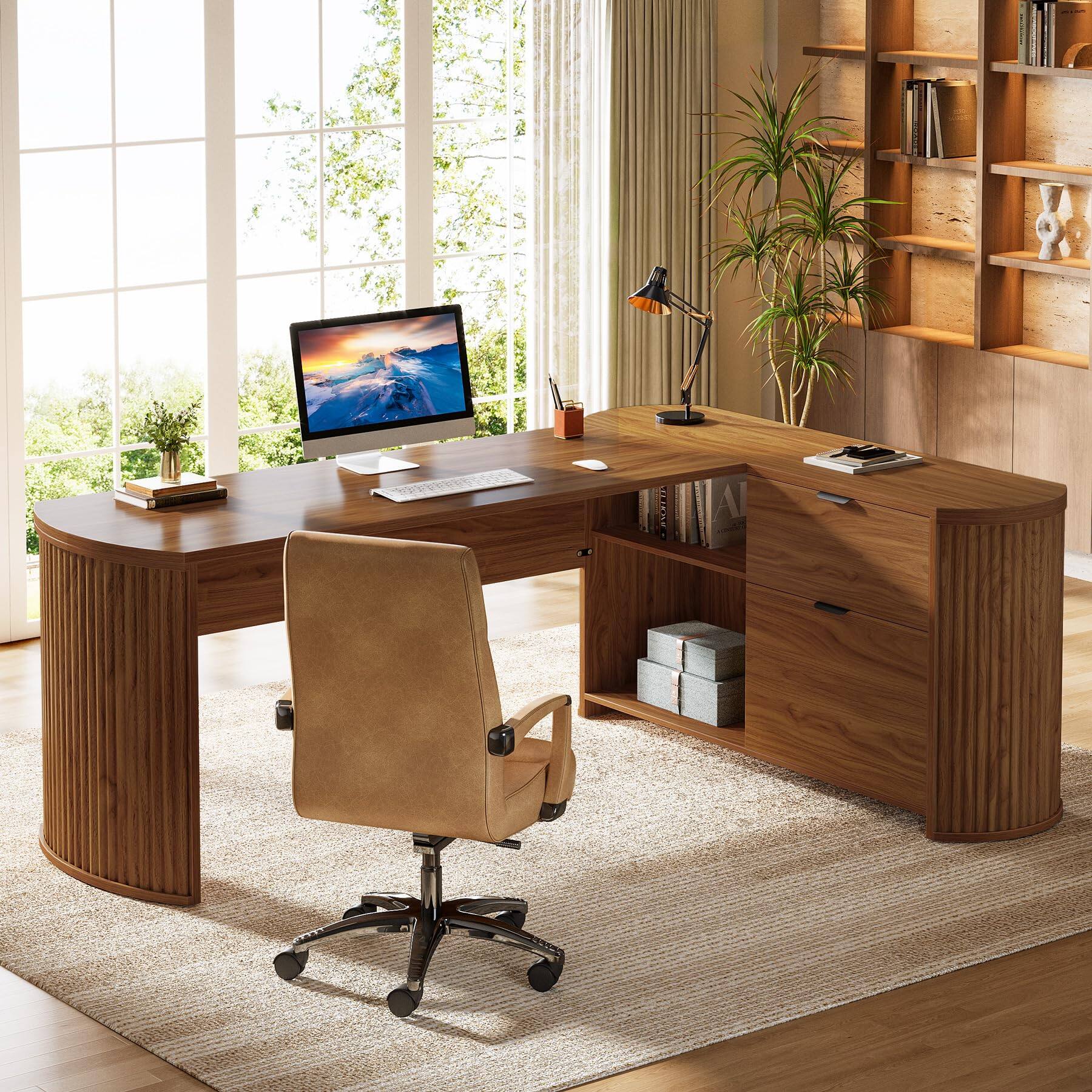 Alt View 3. Tribesigns - 79" L Shaped Executive Desk with File Drawers, Brown - Brown.