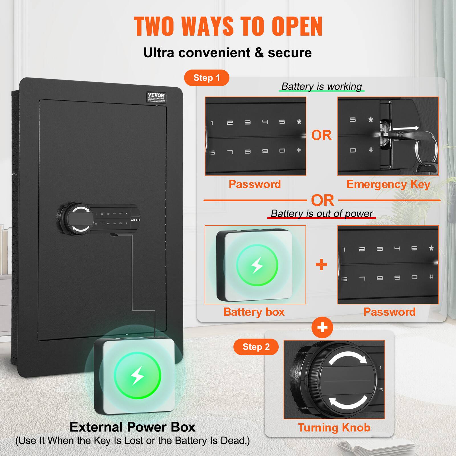 **TWO WAYS TO OPEN**

Ultra convenient & secure

**Step 1**

- Battery is working
  - Password
  - OR
  - Emergency Key

- OR

- Battery is out of power
  - Battery box
  - +
  - Password

**Step 2**

- External Power Box
  (Use It When the Key Is Lost or the Battery Is Dead.)
  - Turning Knob