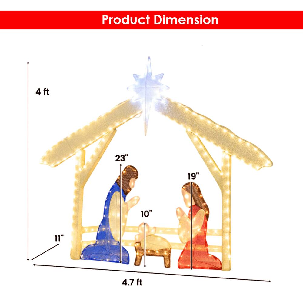 Product Dimension

- Height: 4 ft
- Width: 4.7 ft
- Depth: 23"
- Width of the figures: 19"
- Height of the figures: 11"
- Height of the manger: 10"