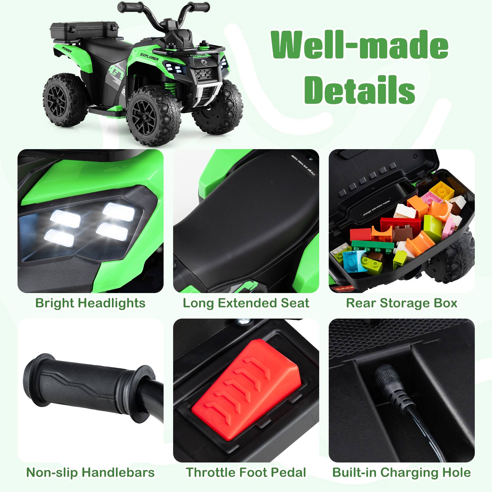 PRR EXPLORER LAL

Well-made Details

- Bright Headlights
- Long Extended Seat
- Rear Storage Box
- Non-slip Handlebars
- Throttle Foot Pedal
- Built-in Charging Hole